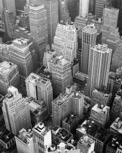 A black and white new york city skyline