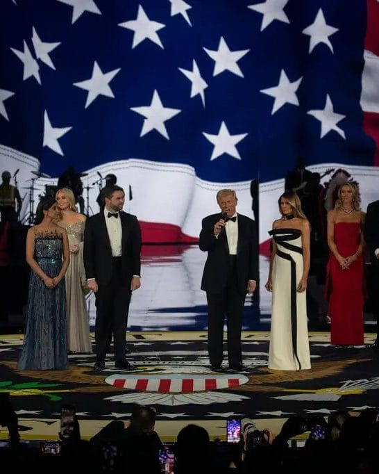President Donald Trump and his family on stage at his inaugural ball in 2025
