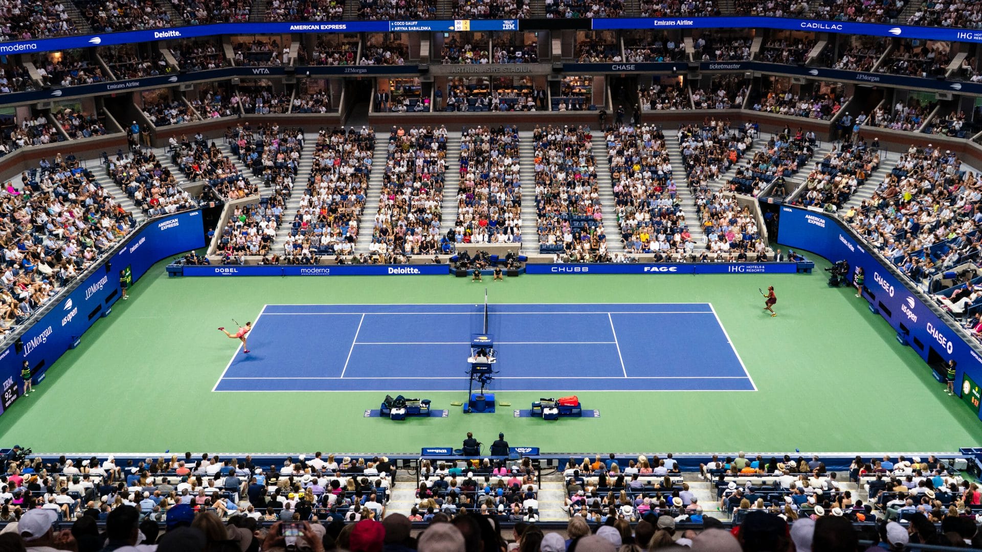 Wide shot of stadium of tennis court