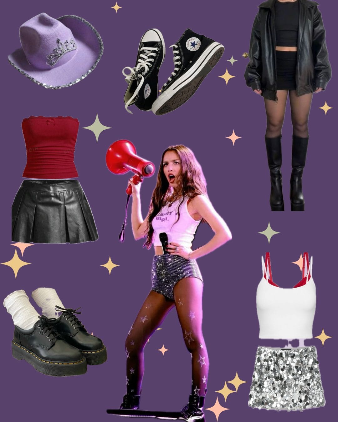Collage of Olivia Rodrigo outfit ideas including Doc Martens, sparkly skirts, Y2K stye and Converse.