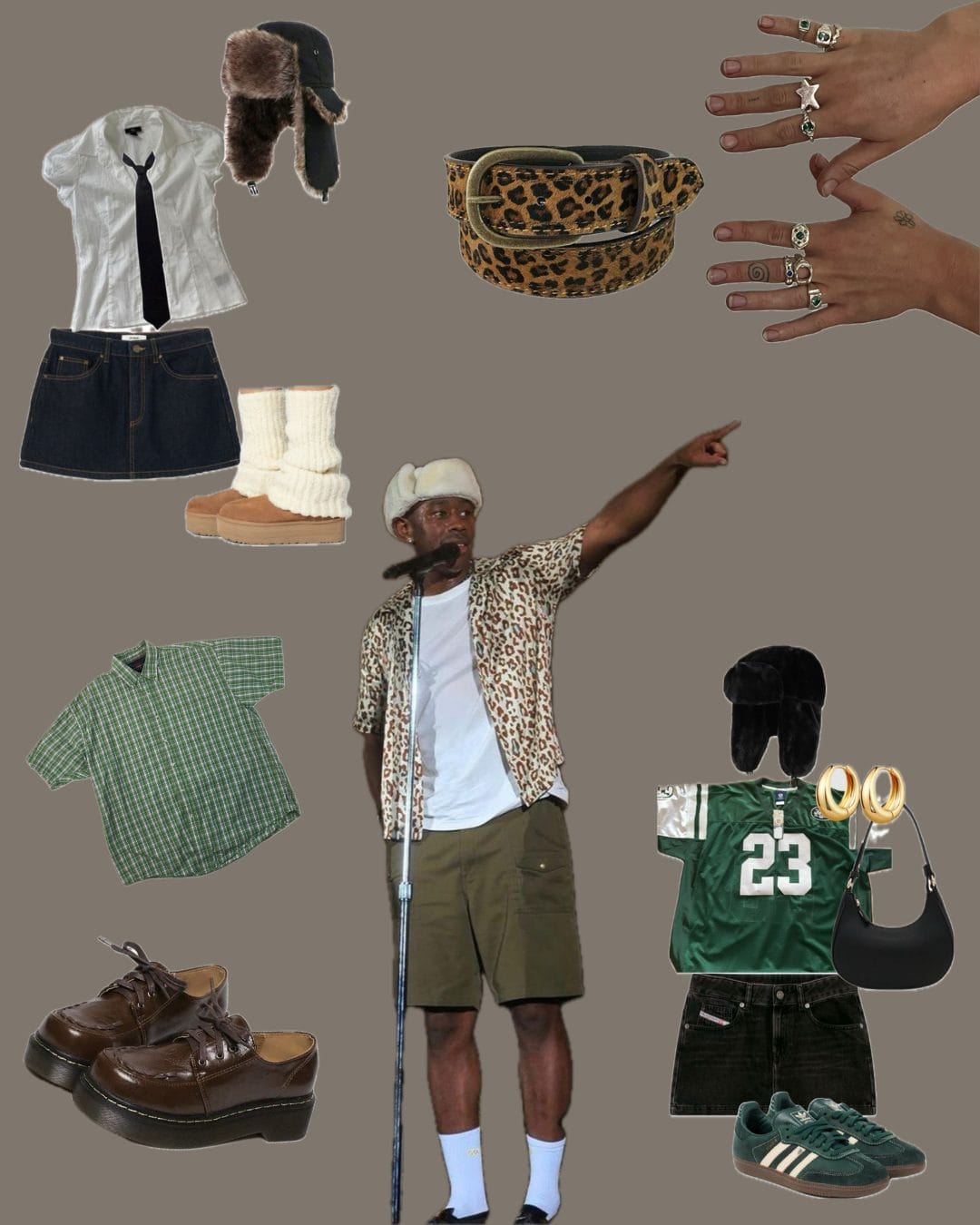 Collage of outfit ideas for Tyler the Creator including brown Doc Martens, Jerseys, fur hats and cheetah prints.