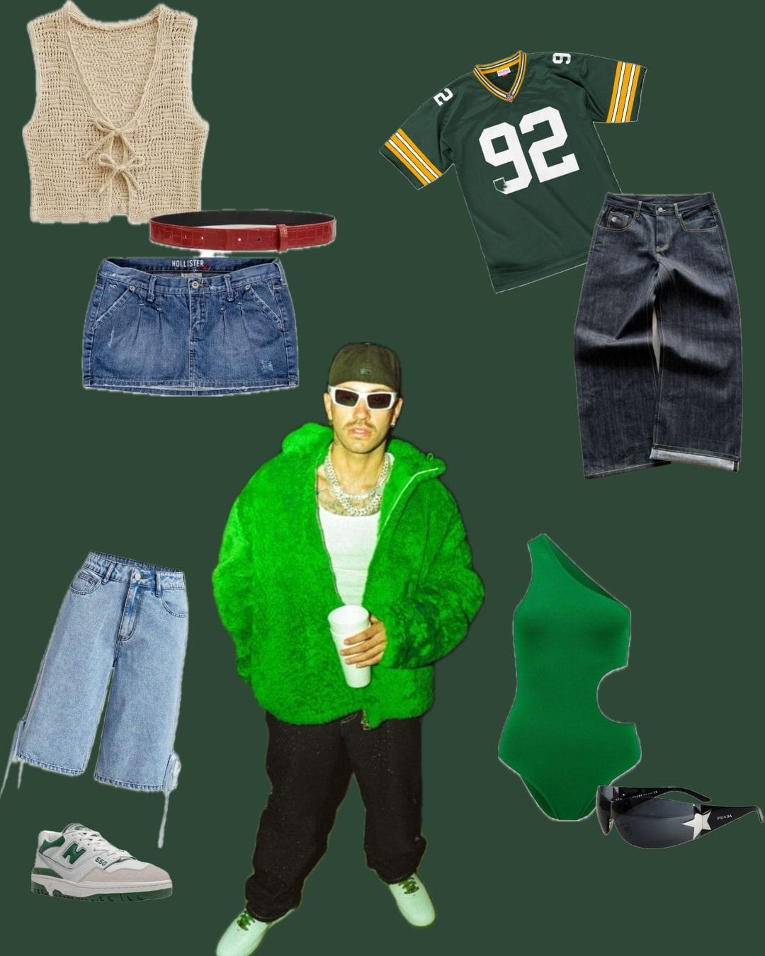 Collage of Feid outfit ideas including neon green clothing, street style, and jerseys.