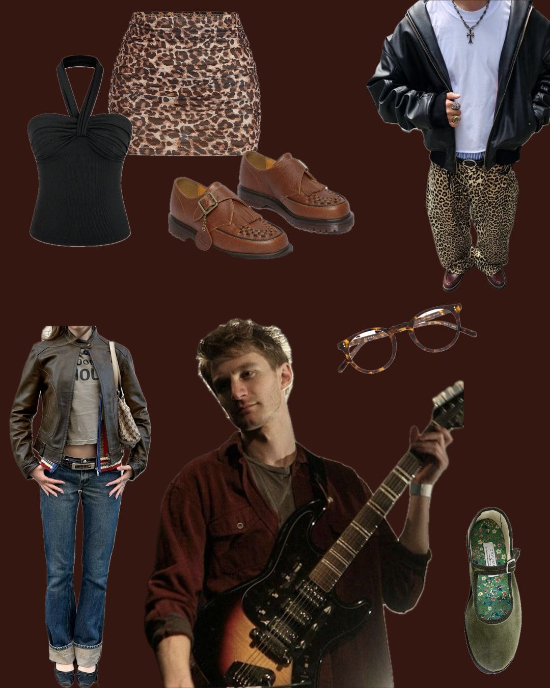 Collage of Glass Animals concert outfit ideas, including brown dress shoes, glasses, and leopard print.