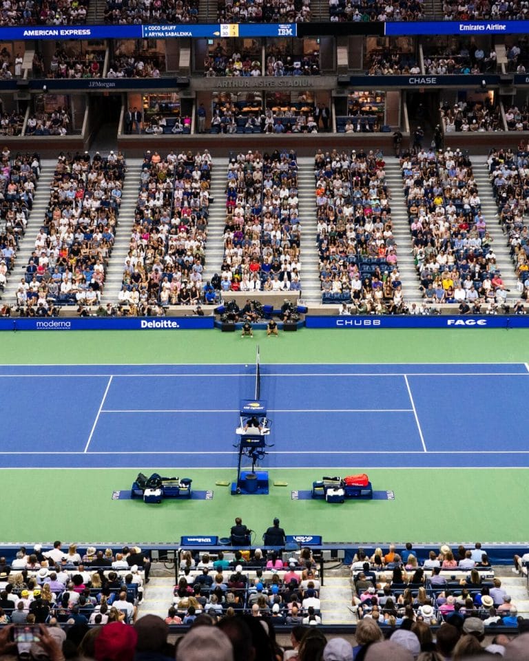 Wide shot of stadium of tennis court