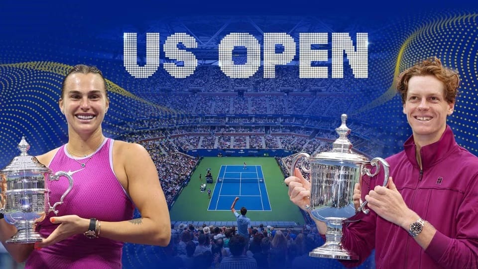 US Open poster of two tennis players holding trophies.