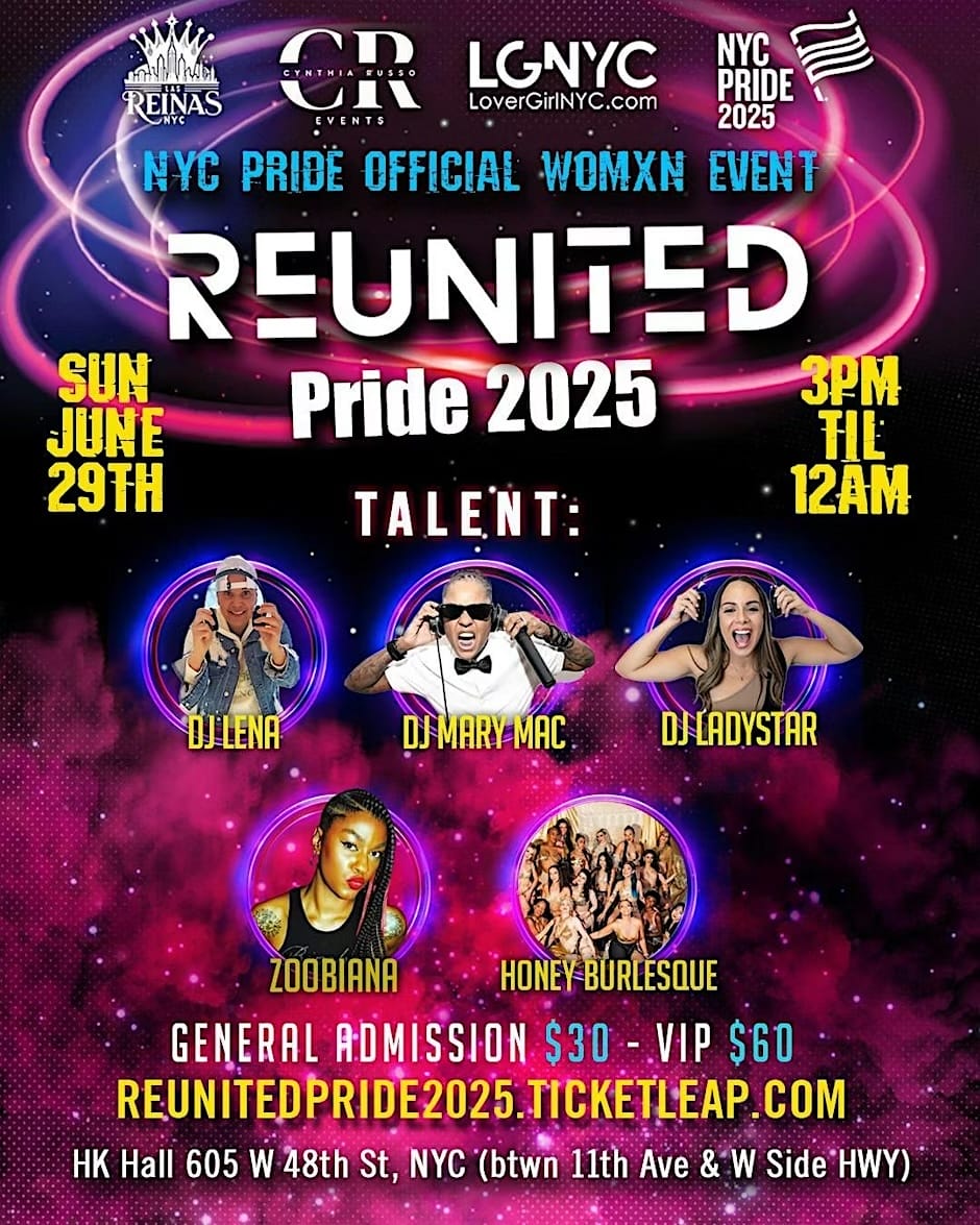 Re-united Pride with DJ Lena, DJ Marry Mac, DJ Ladystar on June 29 from 3 p.m. until 12 a.m.