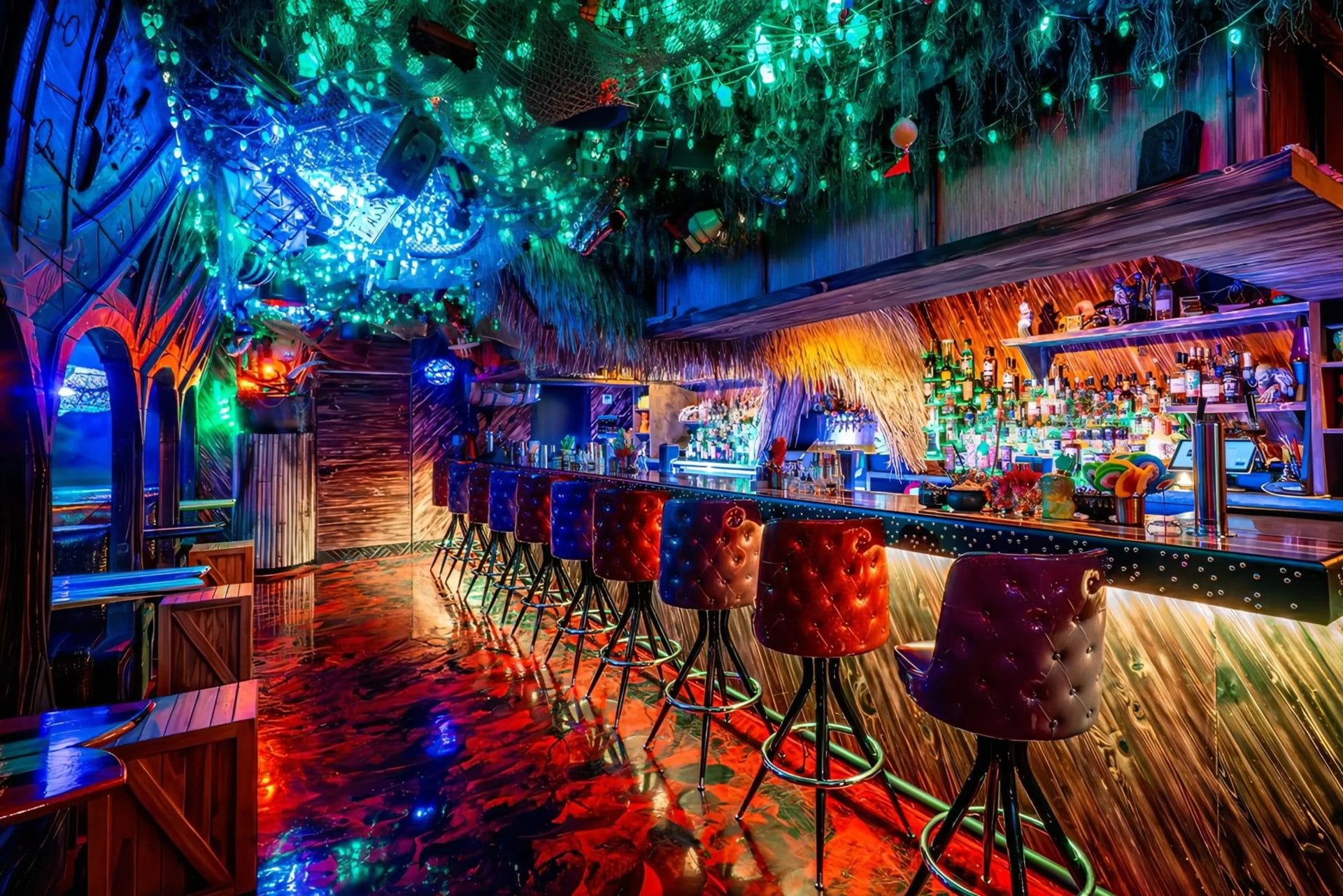 Shot of empty tiki-themed bar.