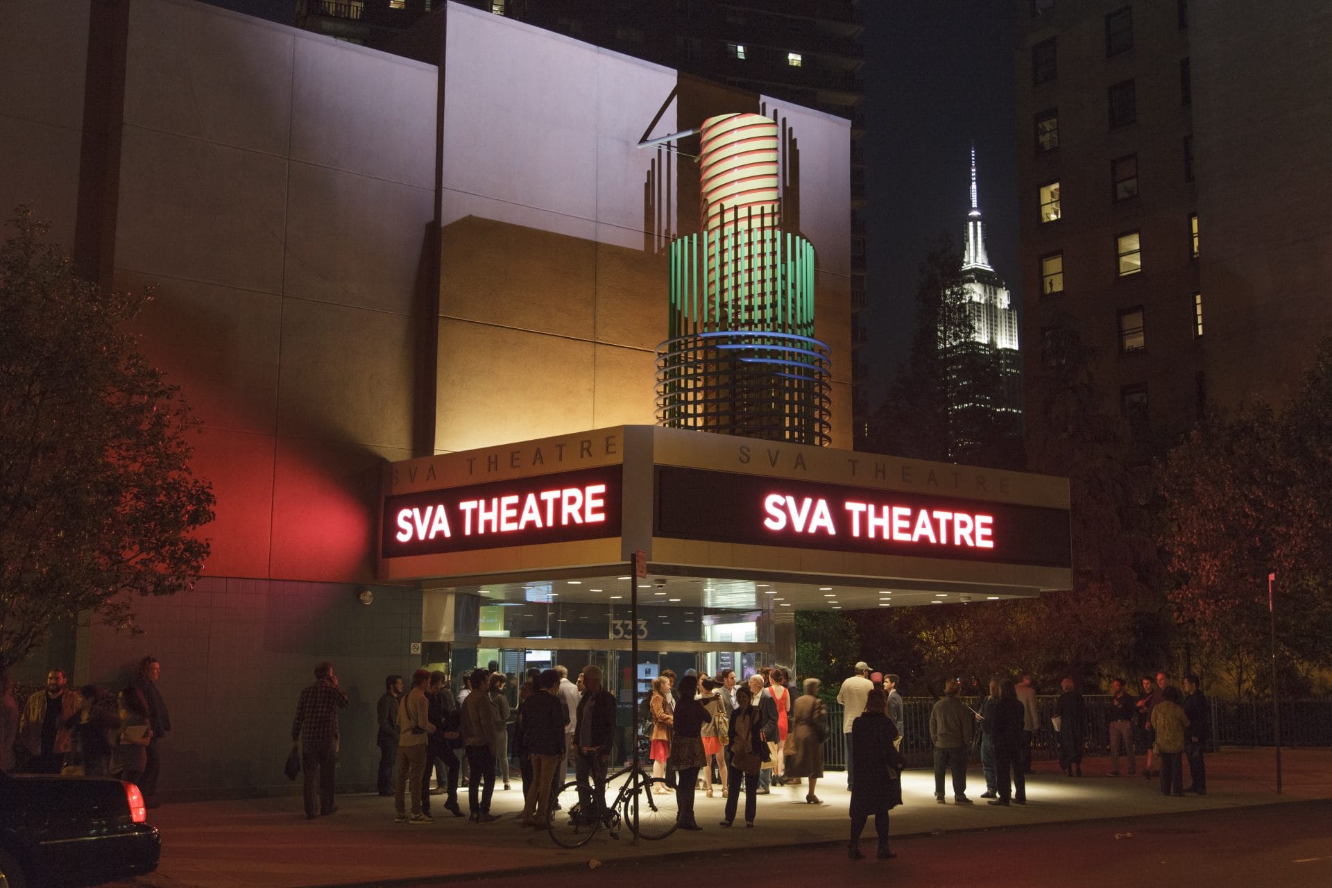 Exterior of SVA Theatre with people lining up