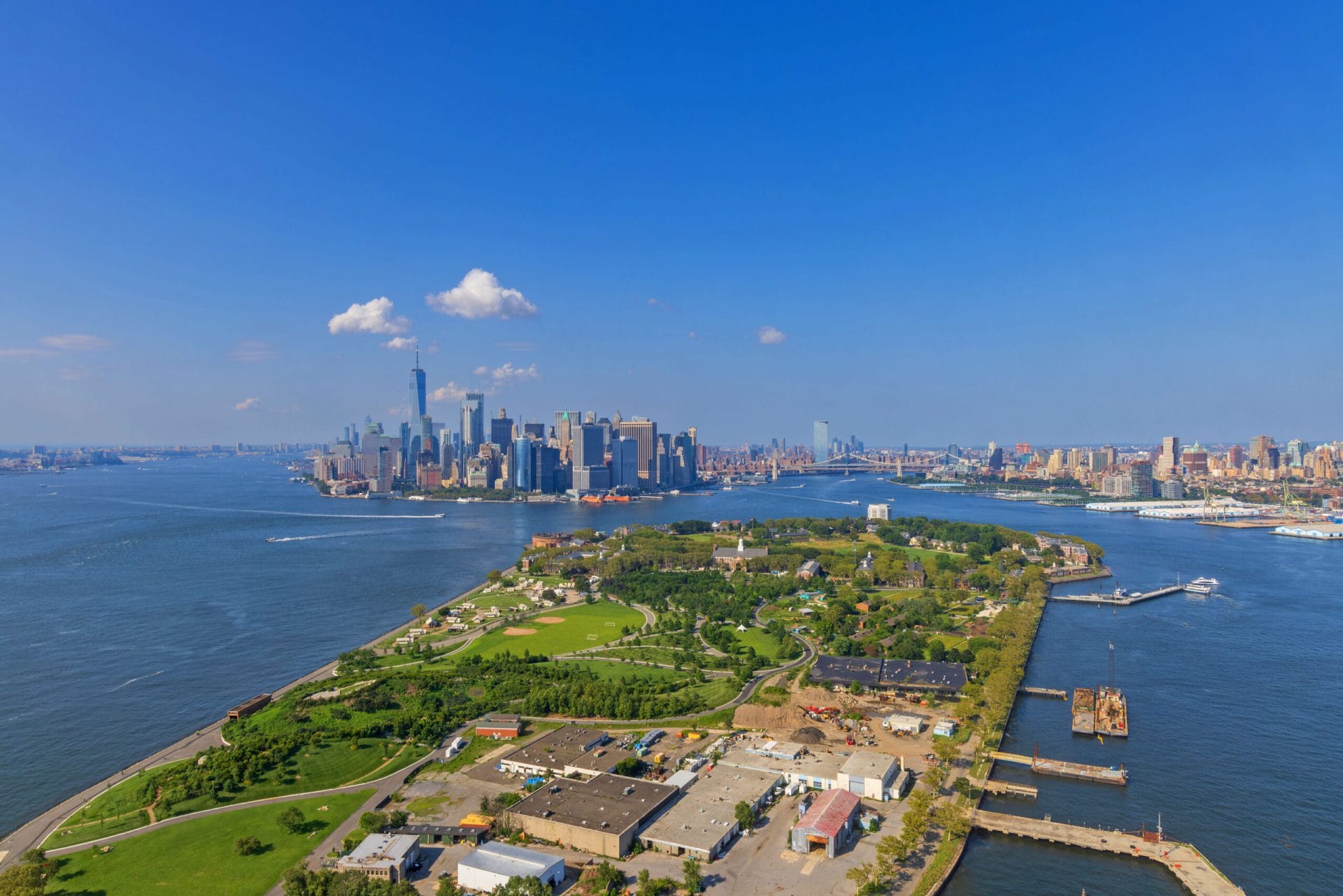 Bird view of Governors Island and NYC.