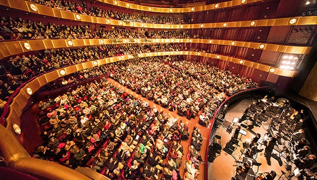 Wide shot of inside the Lincoln Center orchestra seats