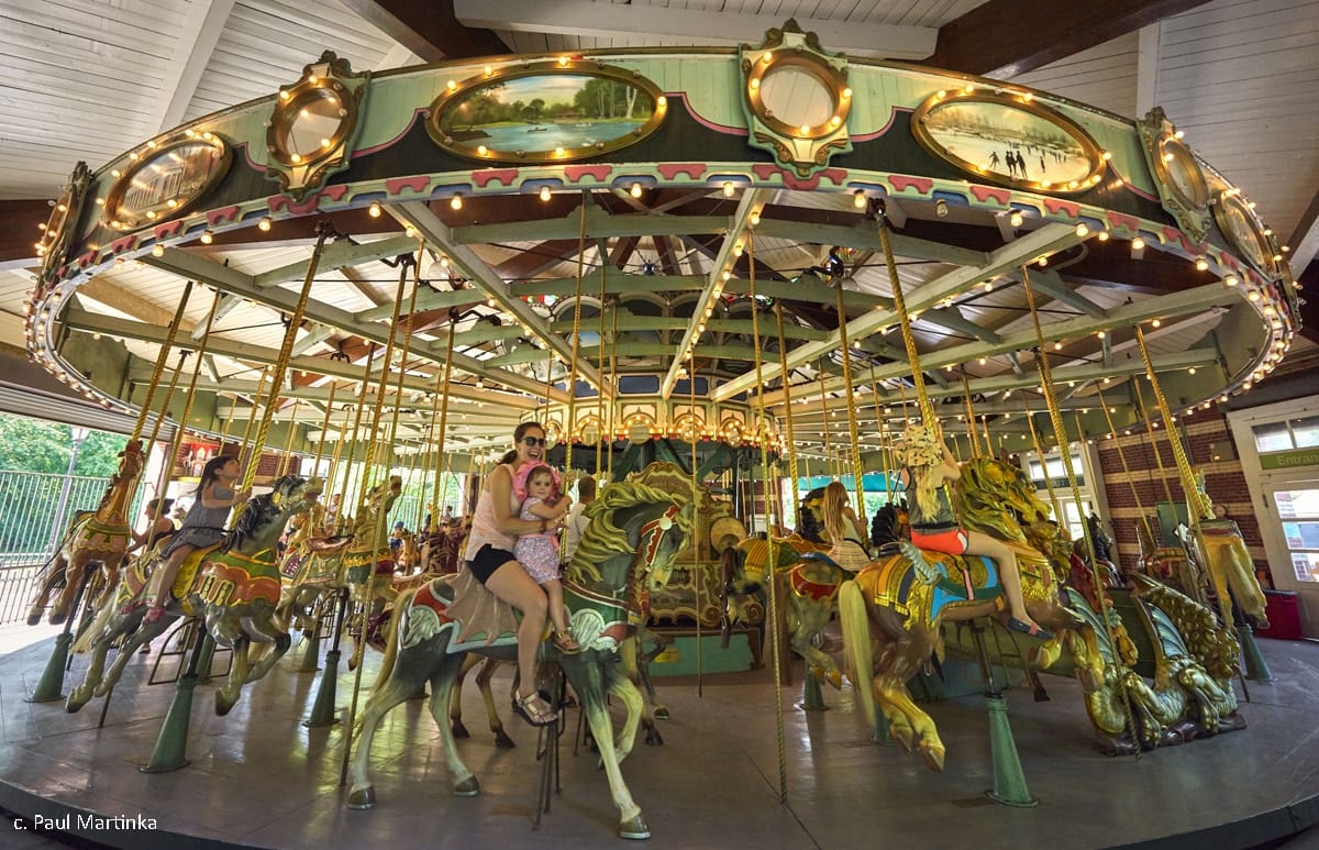 people and children on carousel ride at Prospect Park