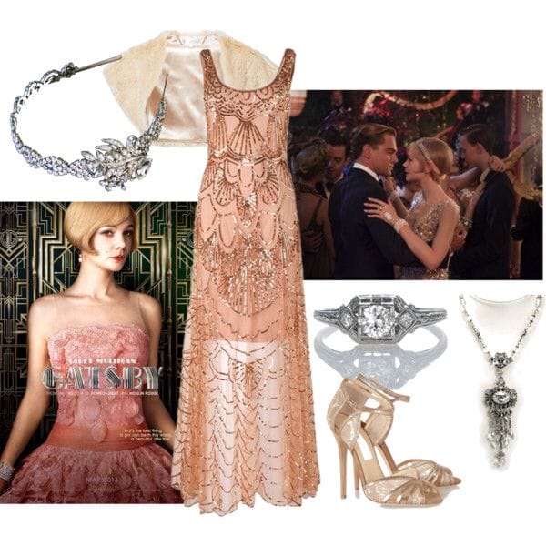 A photo collage of Daisy Buchanan, a character from The Great Gatsby, set in the 1920s. The collage has her different accessories and outfits to showcase an outfit idea.