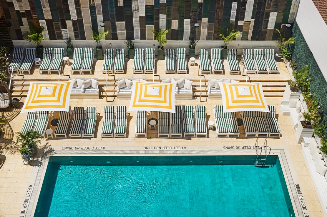 Birds view of rooftop pool at Coda hotel.