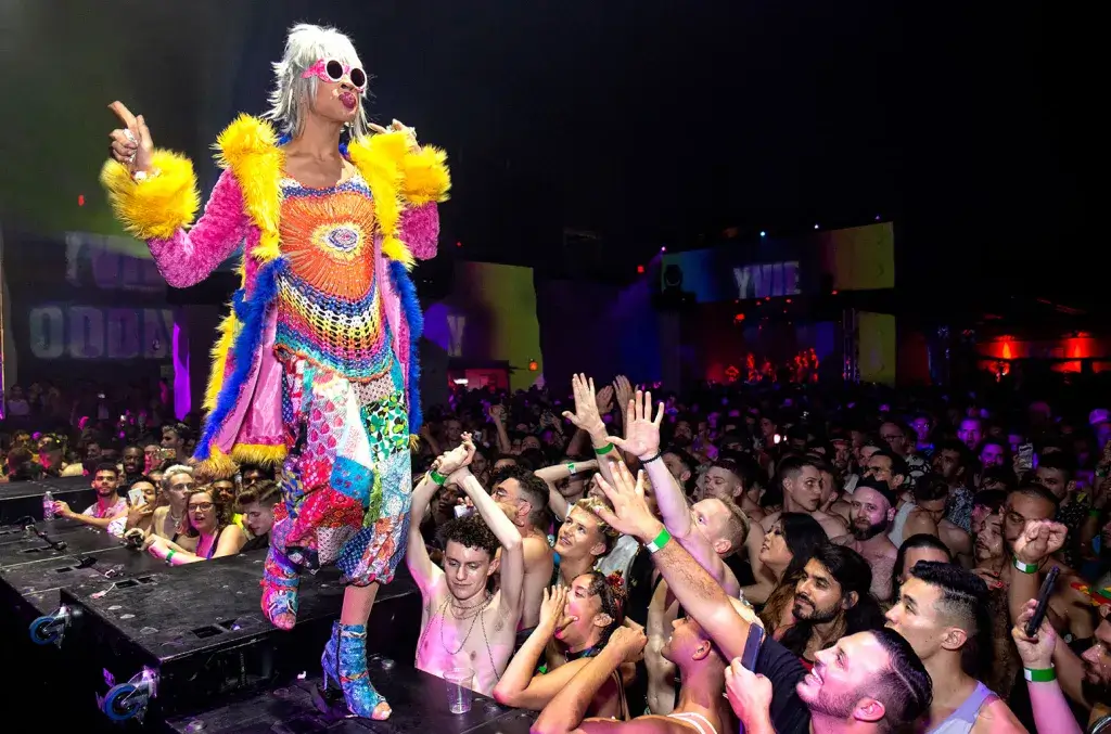 Ladyland performer on stage and the crowd reaches out for them