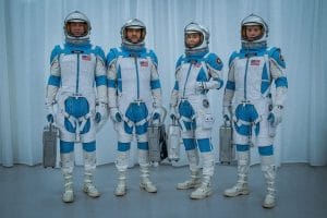 The main cast of Marvel’s Fantastic Four reboot — Pedro Pascal, Vanessa Kirby, Joseph Quinn, and Ebon Moss-Bachrach in retro-futuristic space suits.